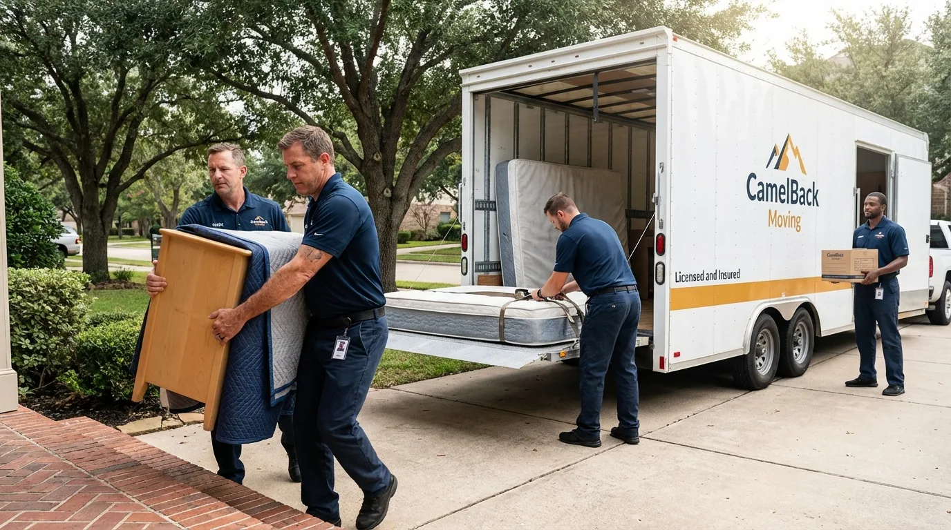 Crew loading residential truck for cross-state move from Dublin, TX