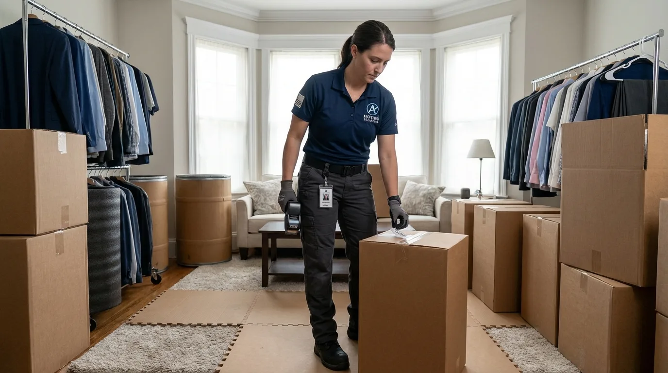 Organized apartment packing setup with labeled boxes and hanging wardrobe ready for transport.